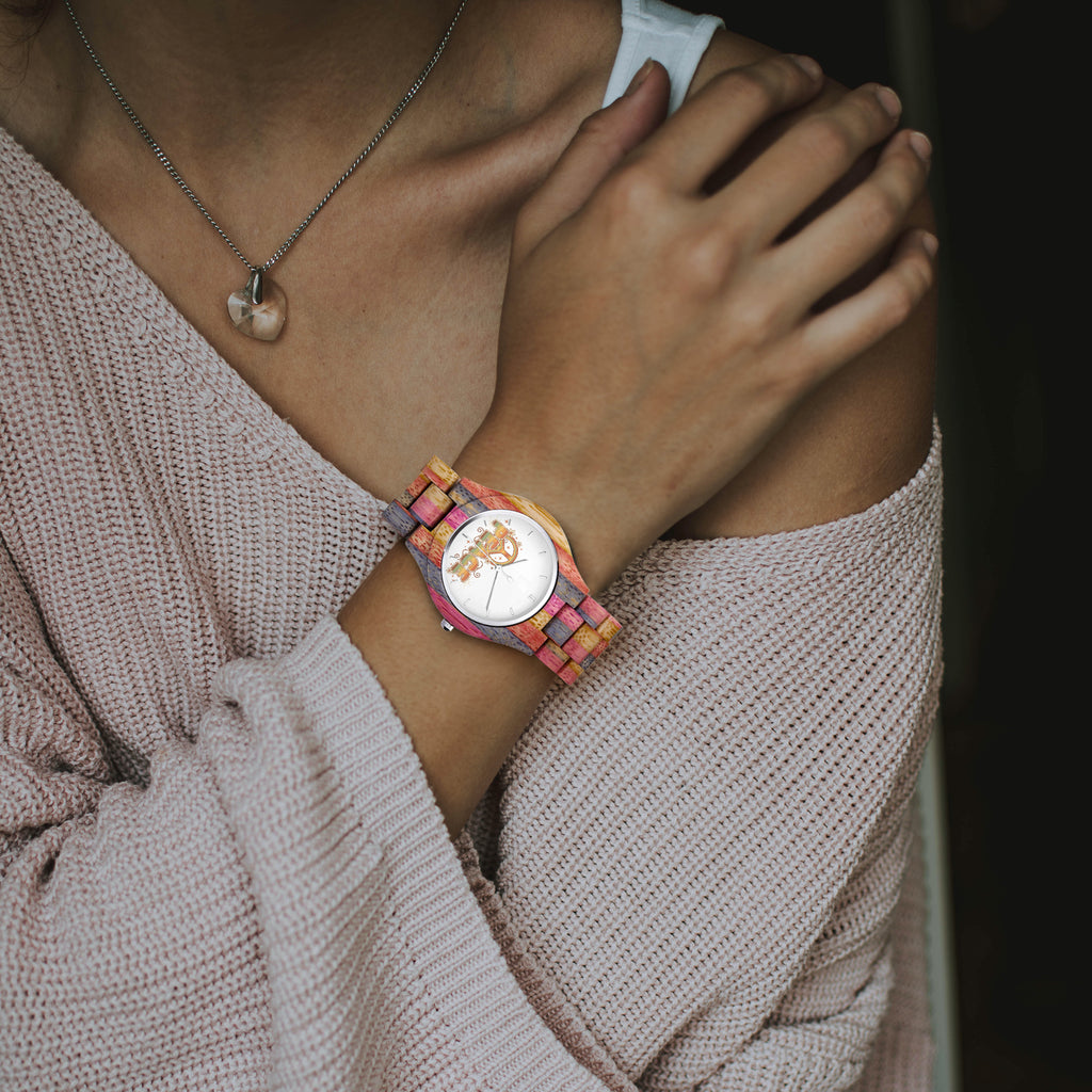 Laughing Sinner Designed Camouflage Wooden Watch - Grey & Pink