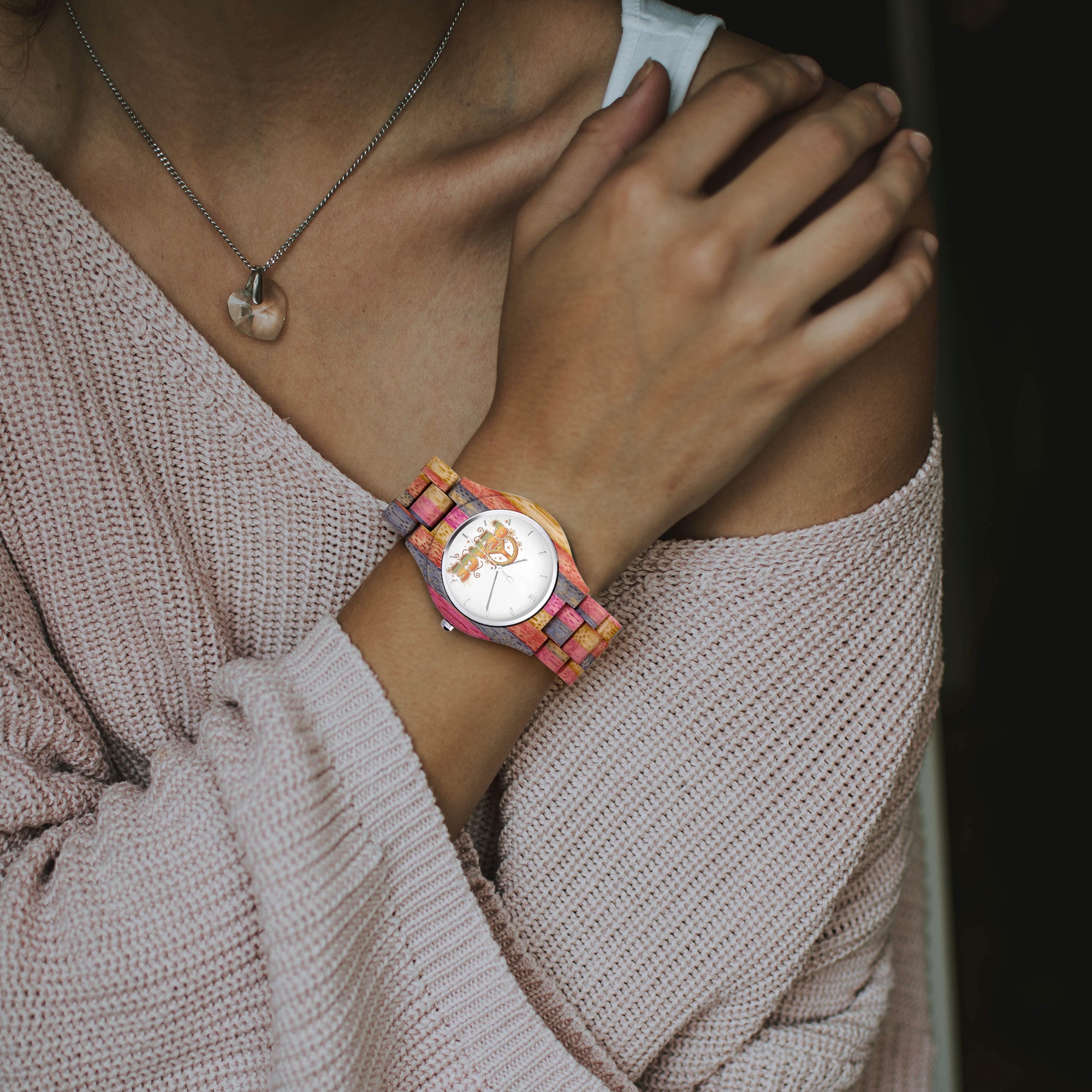Laughing Sinner Designed Camouflage Wooden Watch - Grey & Pink