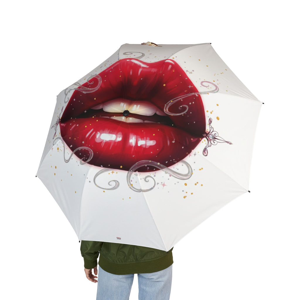 Lip Print Foldable Umbrella – Red Kiss Art Compact Rain Parasol
