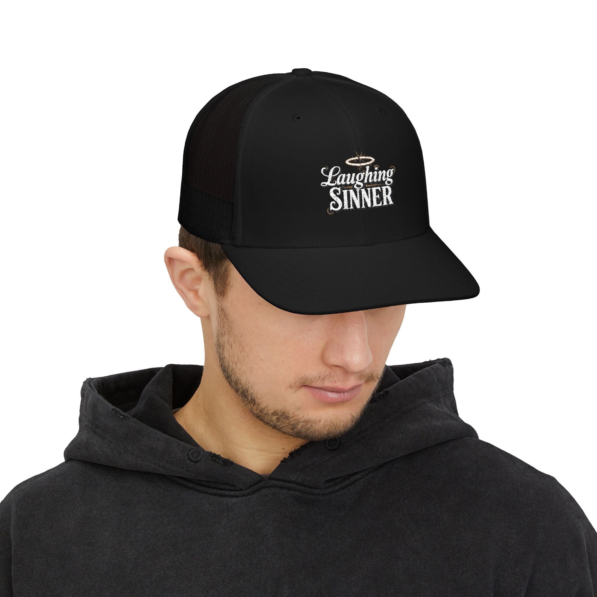 Laughing Sinner Embroidered Trucker Hat — Retro Halo Snapback Cap