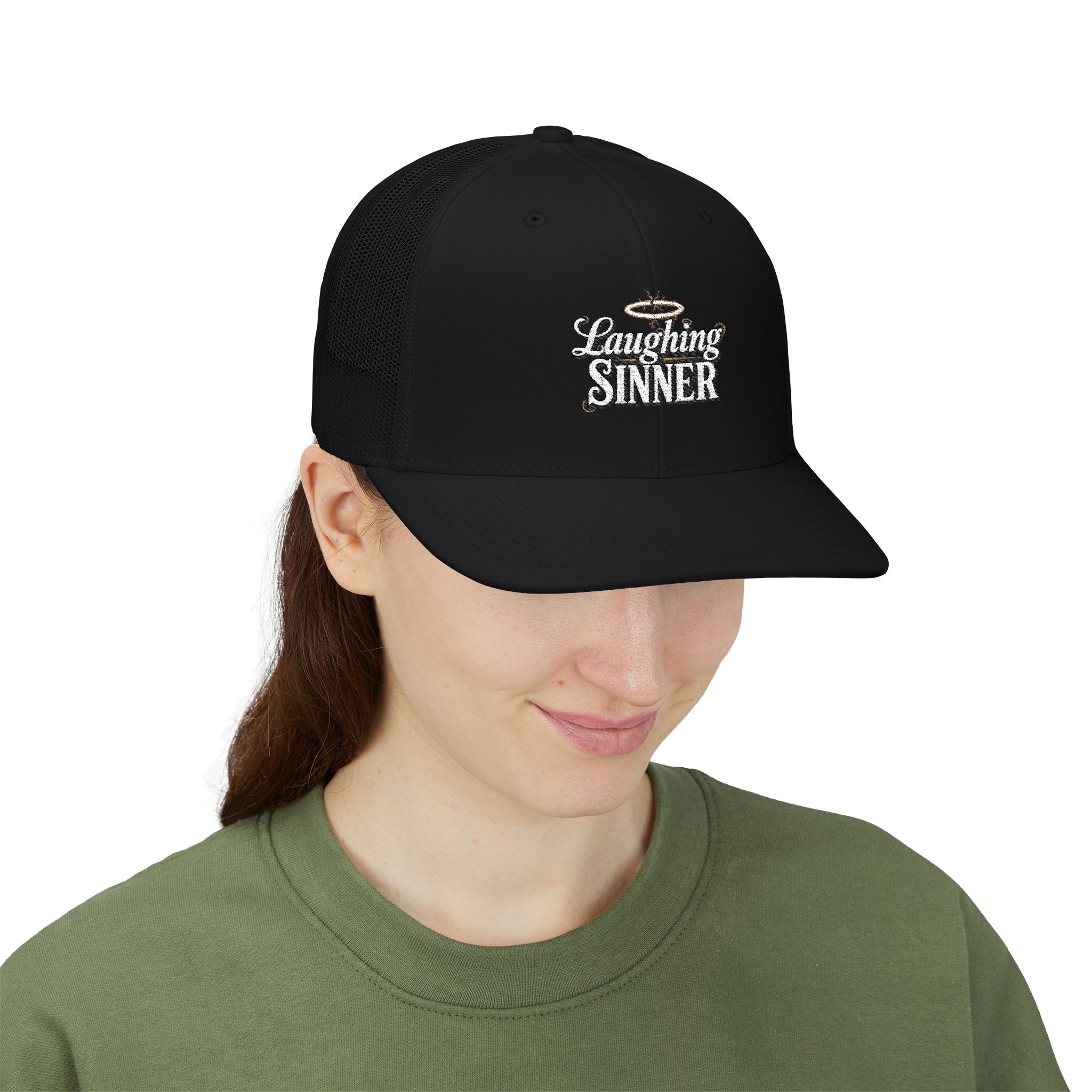 Laughing Sinner Embroidered Trucker Hat — Retro Halo Snapback Cap