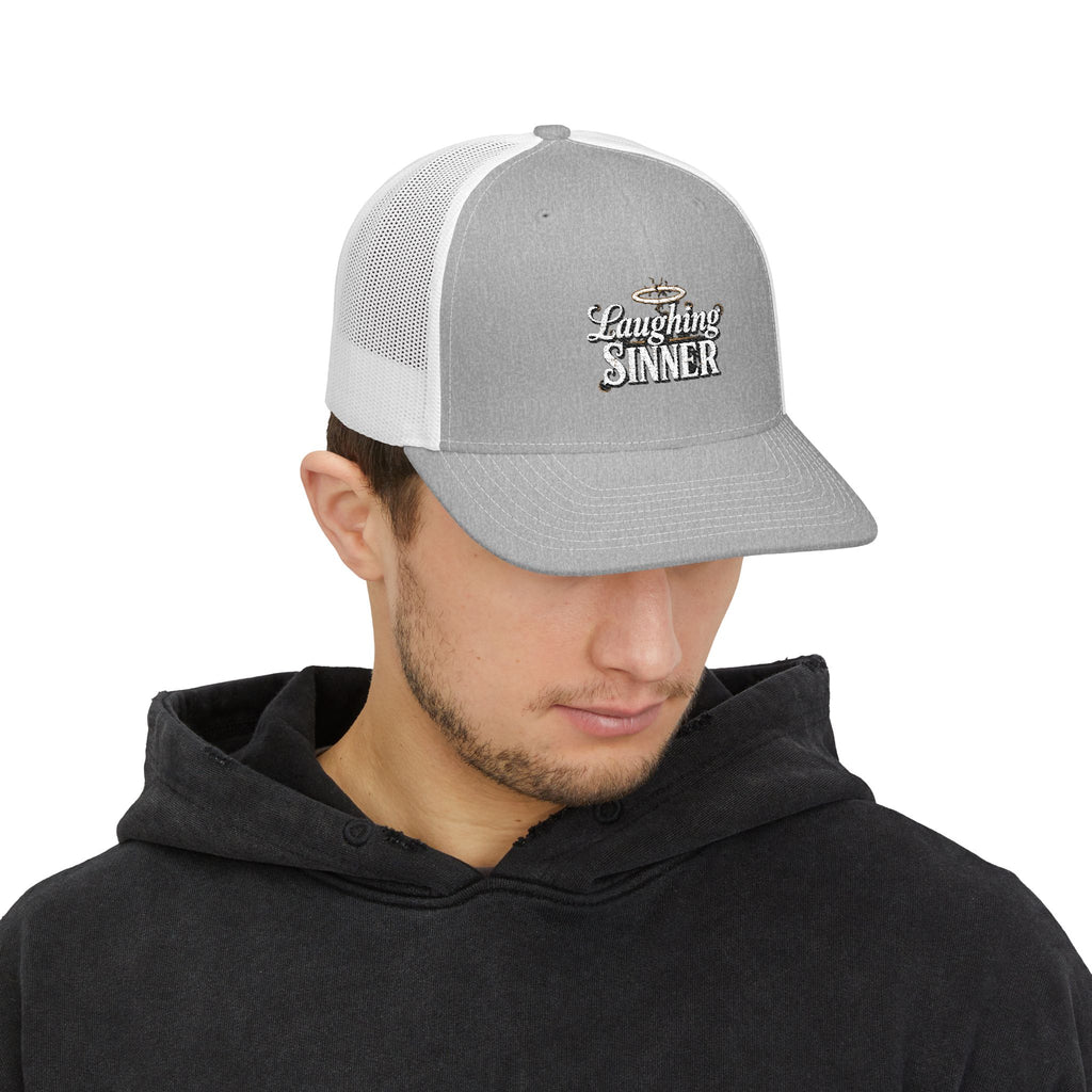 Laughing Sinner Embroidered Trucker Hat — Retro Halo Snapback Cap