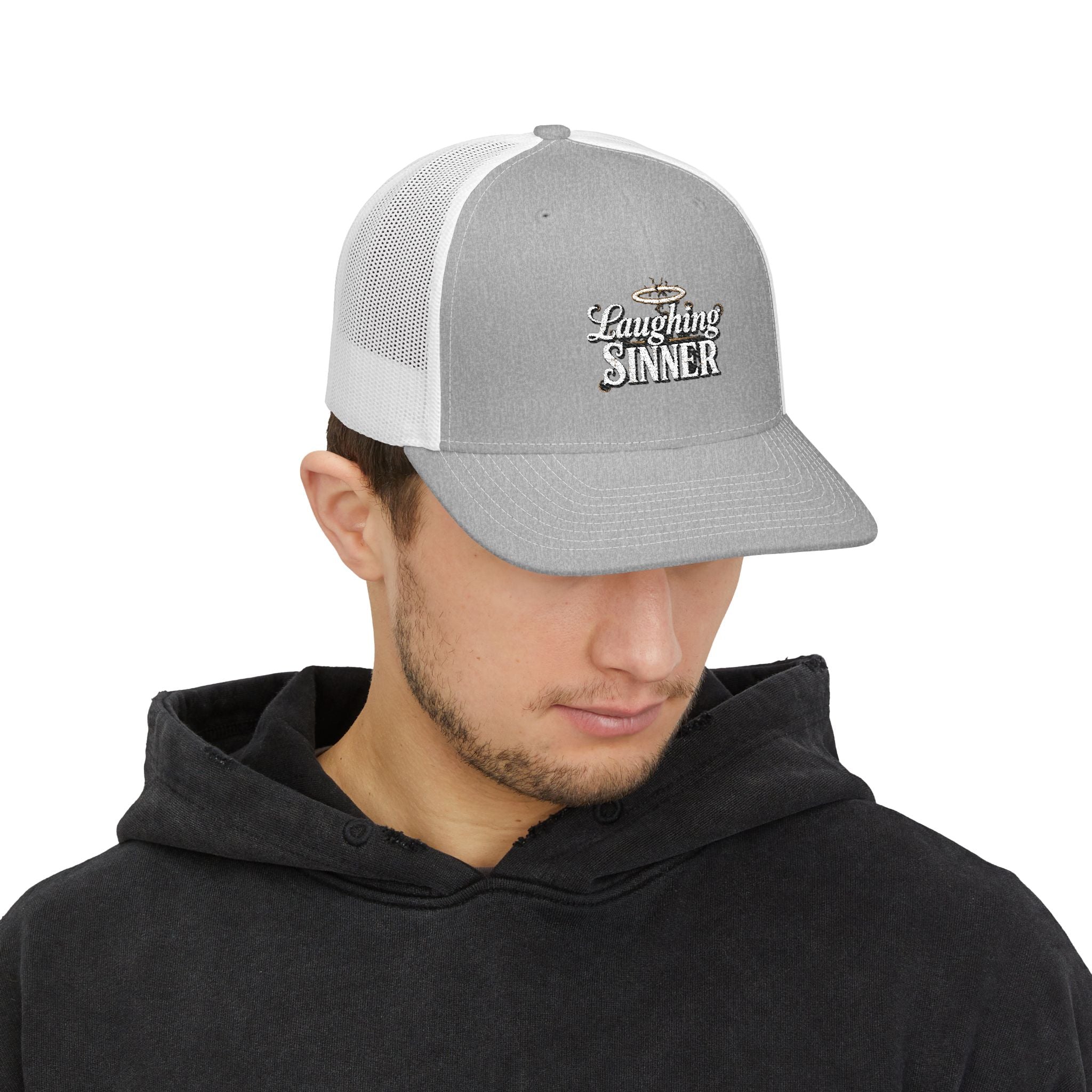Laughing Sinner Embroidered Trucker Hat — Retro Halo Snapback Cap
