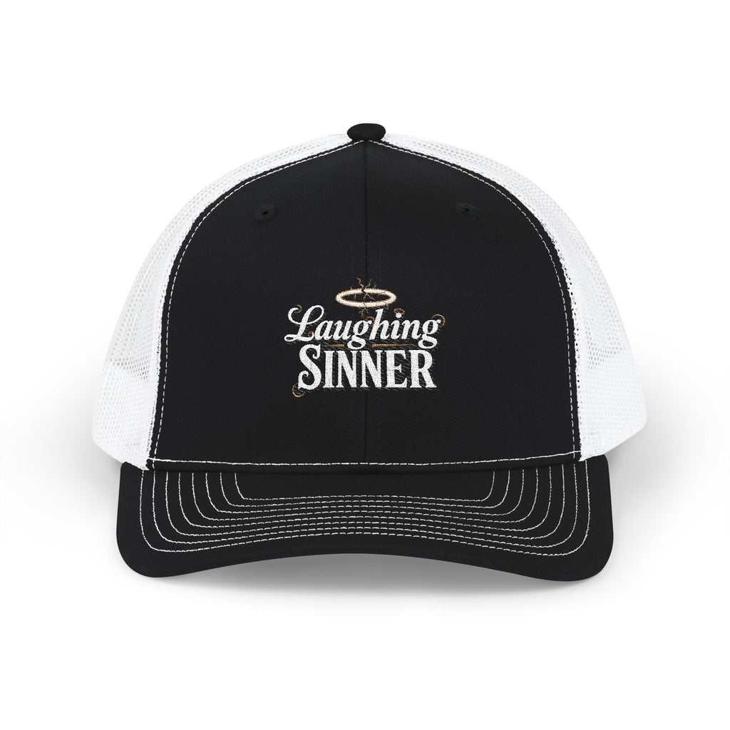Laughing Sinner Embroidered Trucker Hat — Retro Halo Snapback Cap