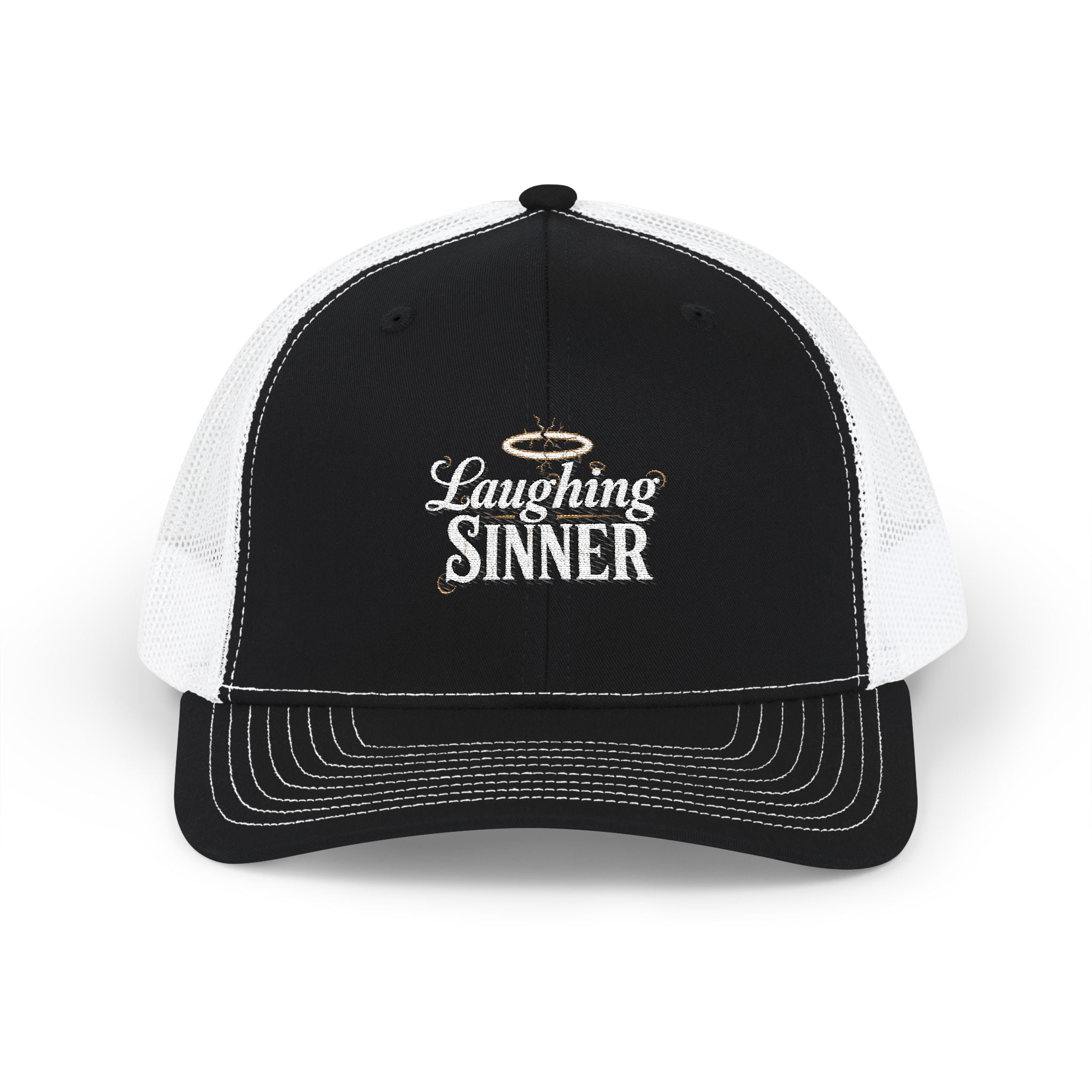 Laughing Sinner Embroidered Trucker Hat — Retro Halo Snapback Cap