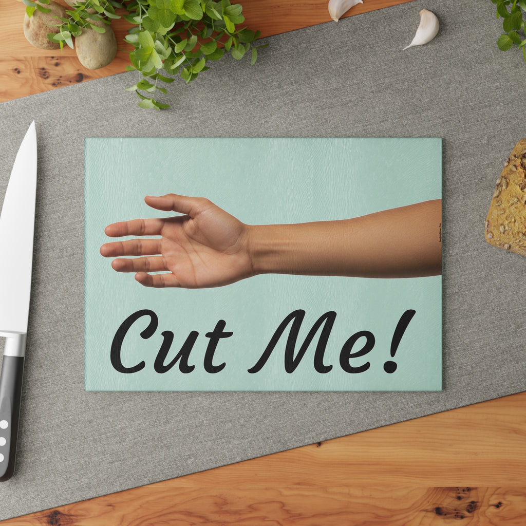 'Cut Me!' Hand Graphic Kitchen Glass Chopping Board