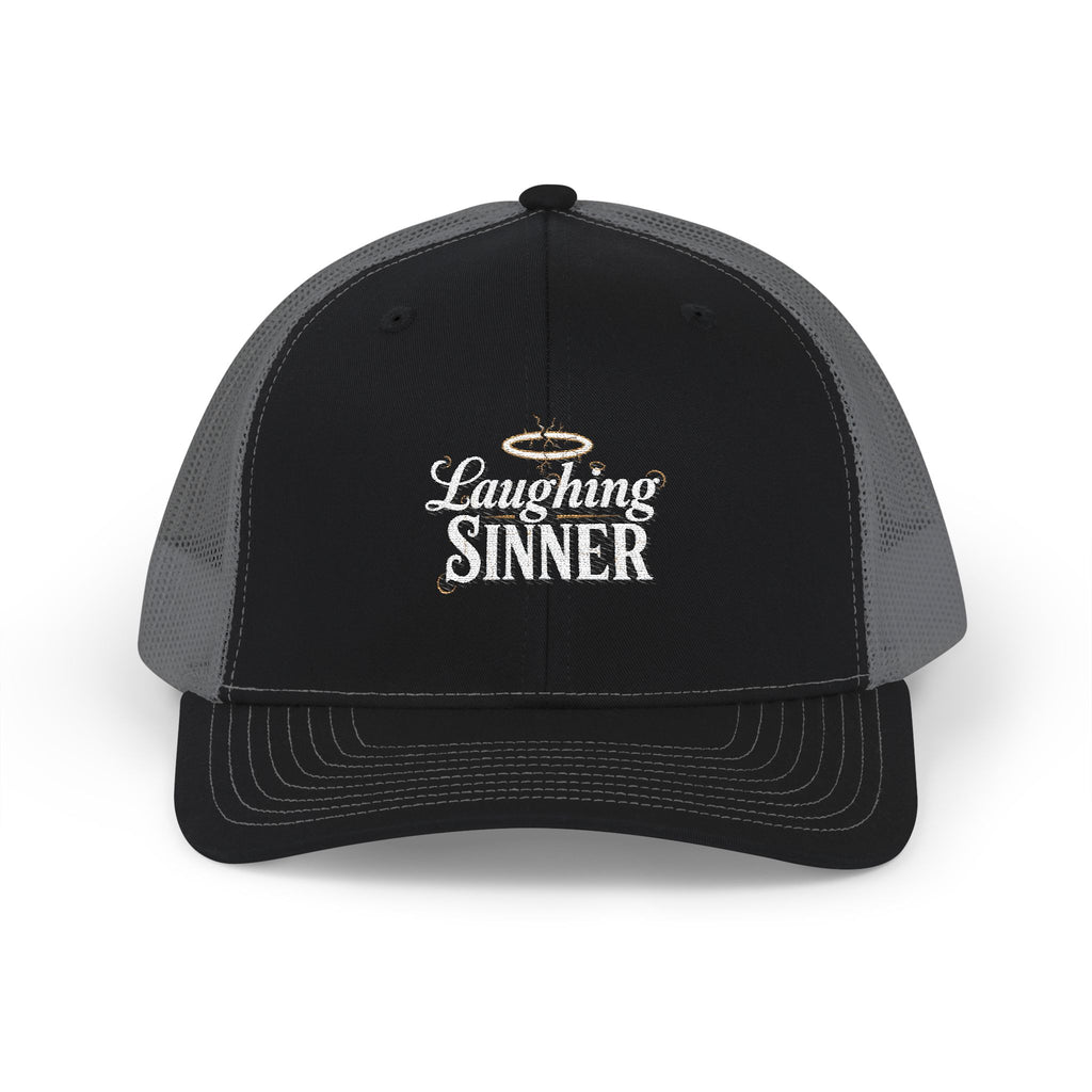 Laughing Sinner Embroidered Trucker Hat — Retro Halo Snapback Cap