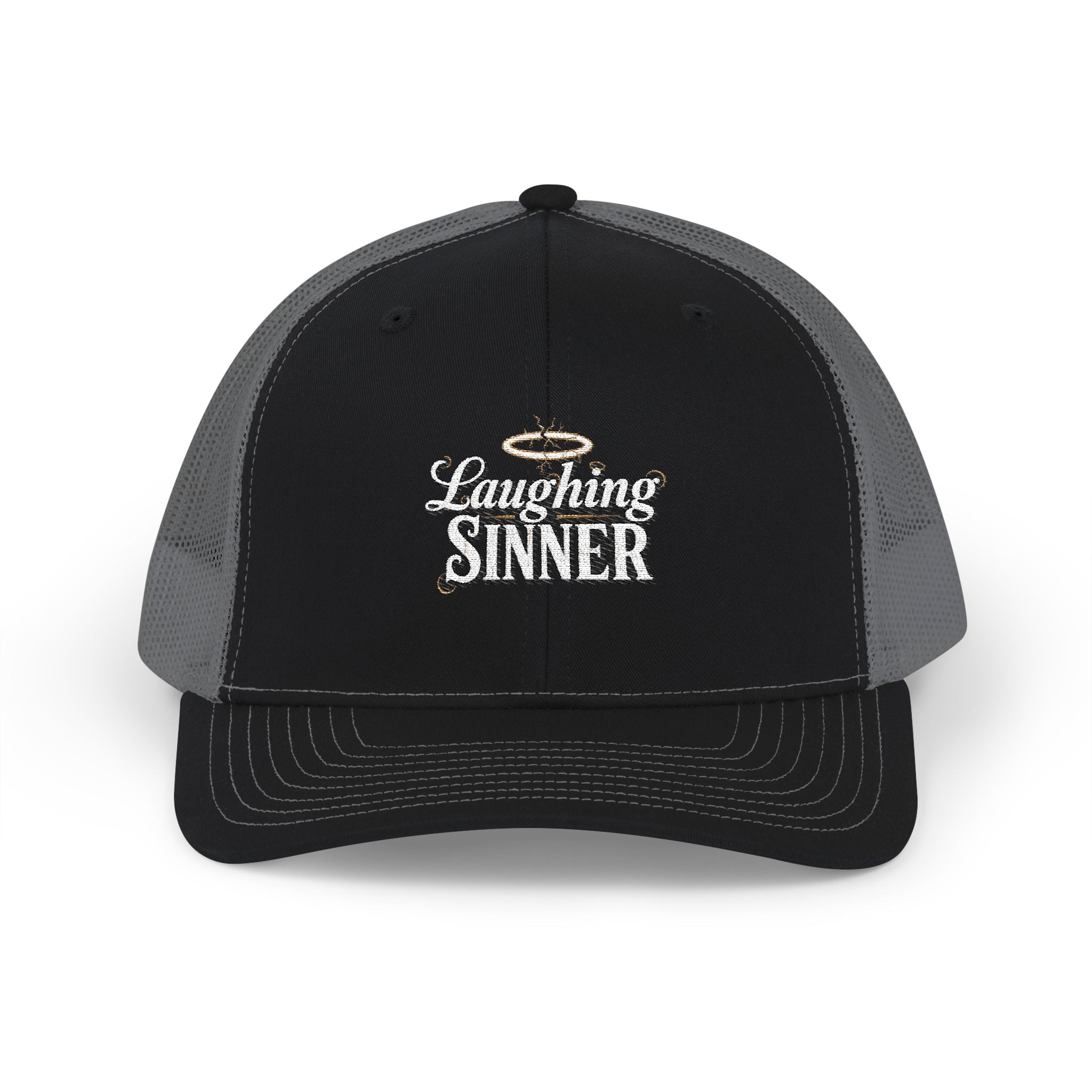 Laughing Sinner Embroidered Trucker Hat — Retro Halo Snapback Cap