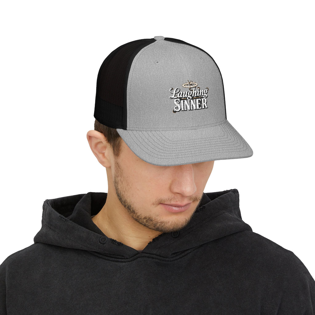 Laughing Sinner Embroidered Trucker Hat — Retro Halo Snapback Cap