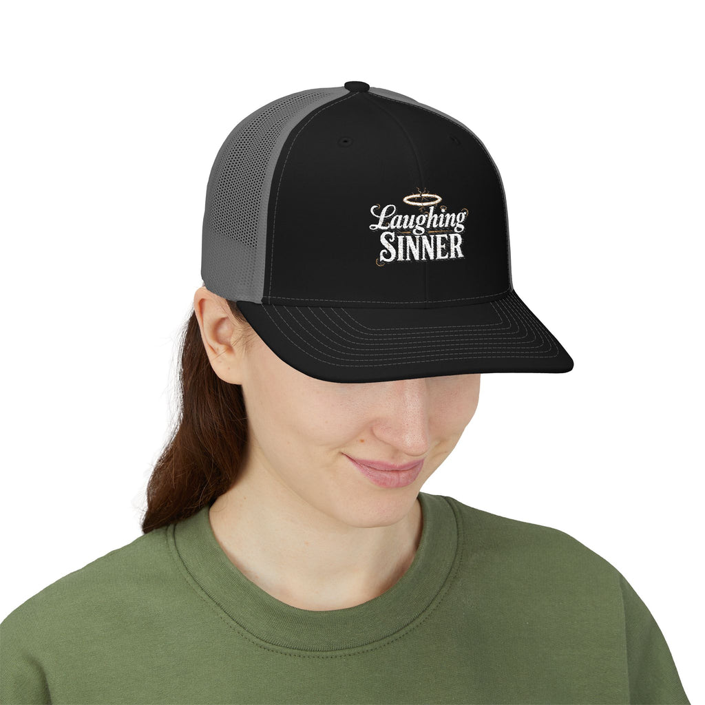 Laughing Sinner Embroidered Trucker Hat — Retro Halo Snapback Cap