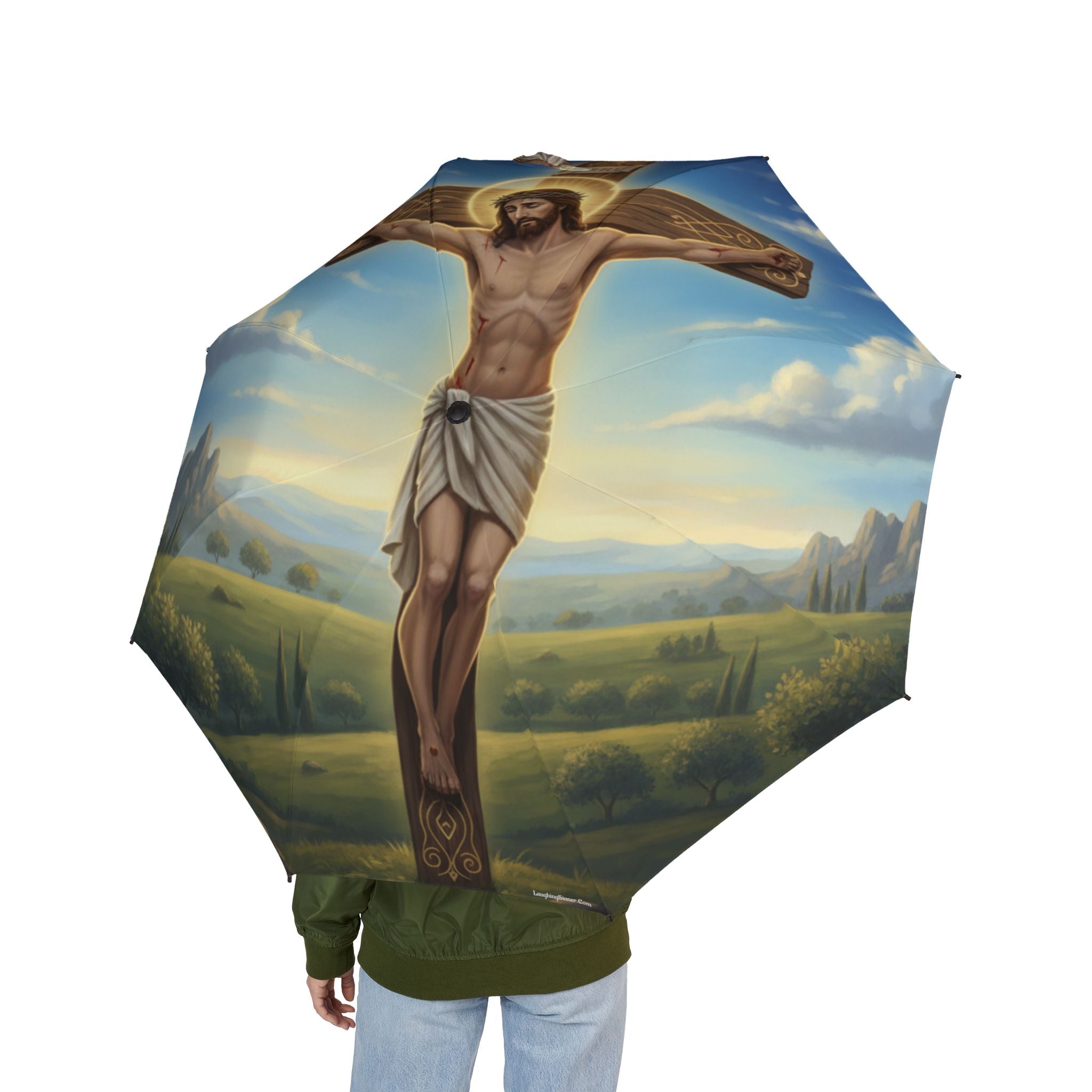 The Laughing Sinner Jesus on the Cross Umbrella for rainy days, sunny days or for anytime.