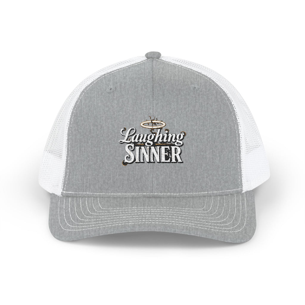 Laughing Sinner Embroidered Trucker Hat — Retro Halo Snapback Cap