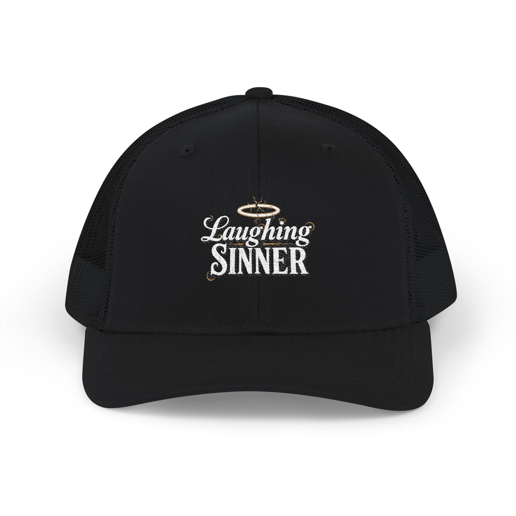 Laughing Sinner Embroidered Trucker Hat — Retro Halo Snapback Cap
