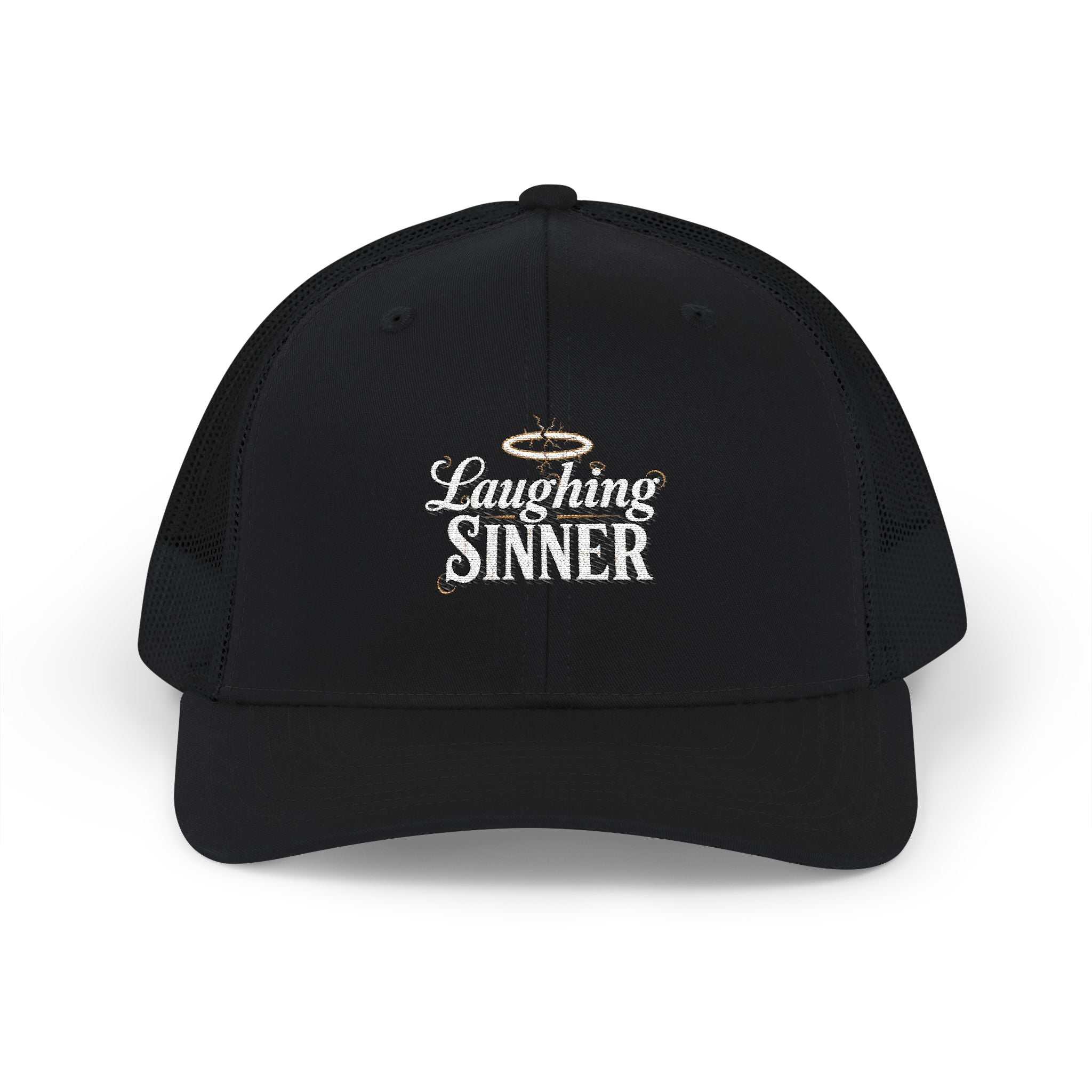 Laughing Sinner Embroidered Trucker Hat — Retro Halo Snapback Cap