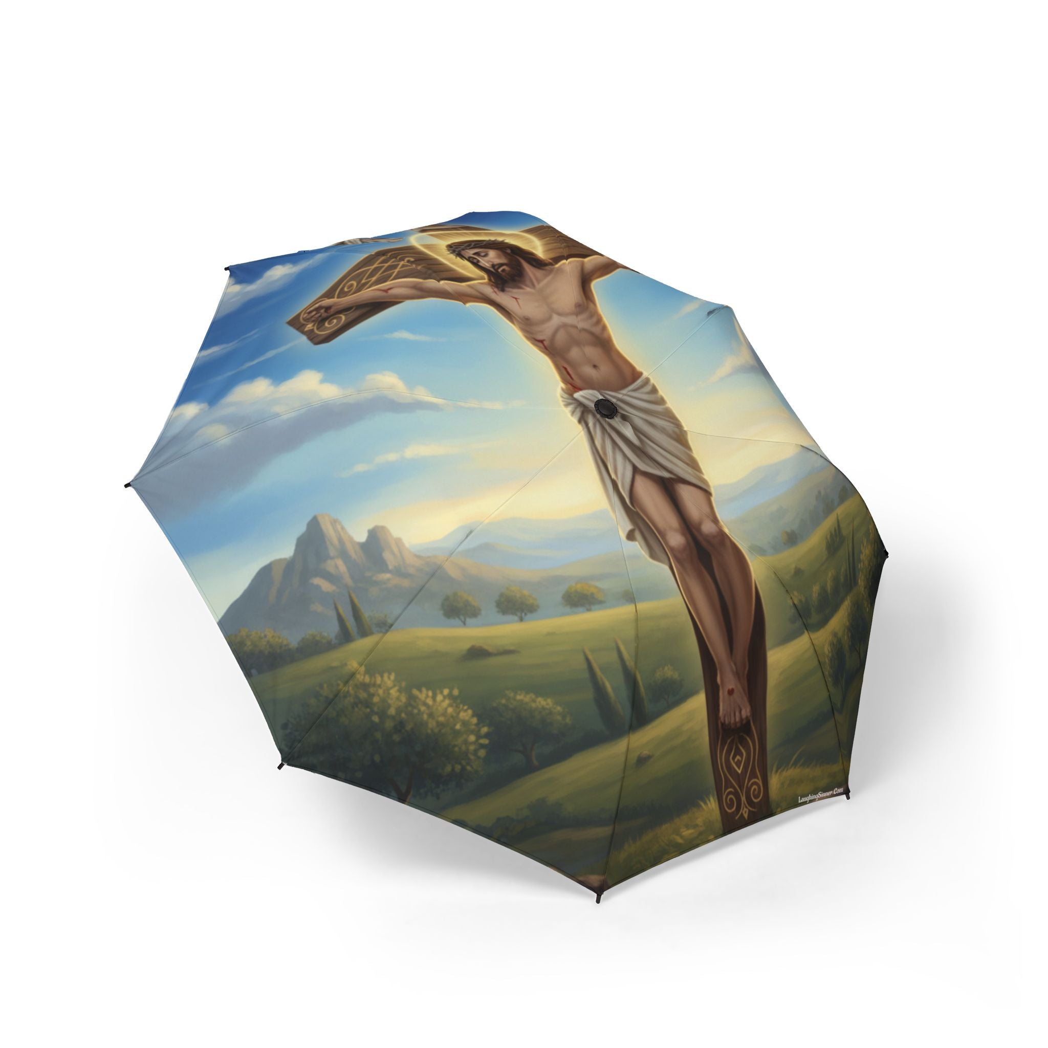 The Laughing Sinner Jesus on the Cross Umbrella for rainy days, sunny days or for anytime.