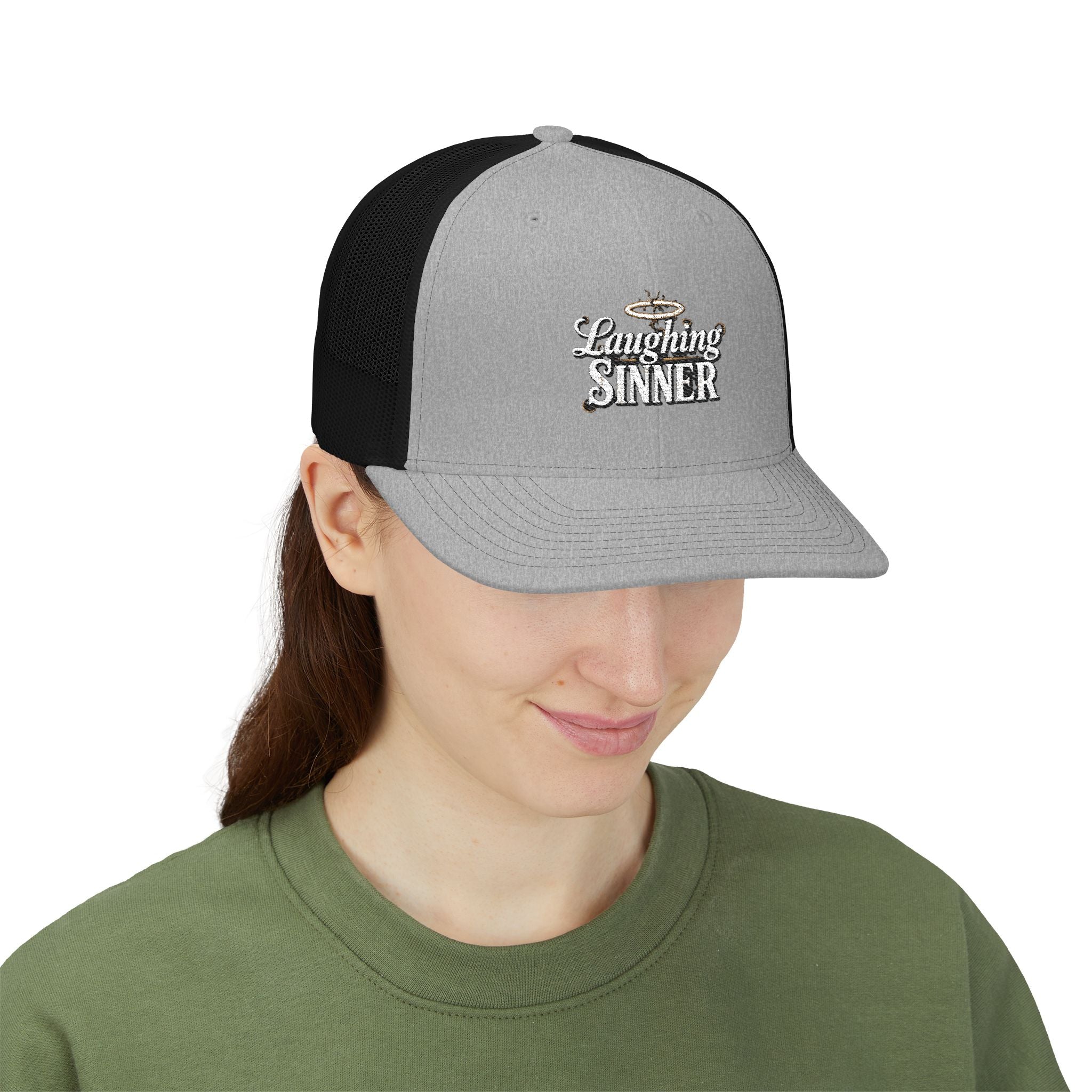 Laughing Sinner Embroidered Trucker Hat — Retro Halo Snapback Cap