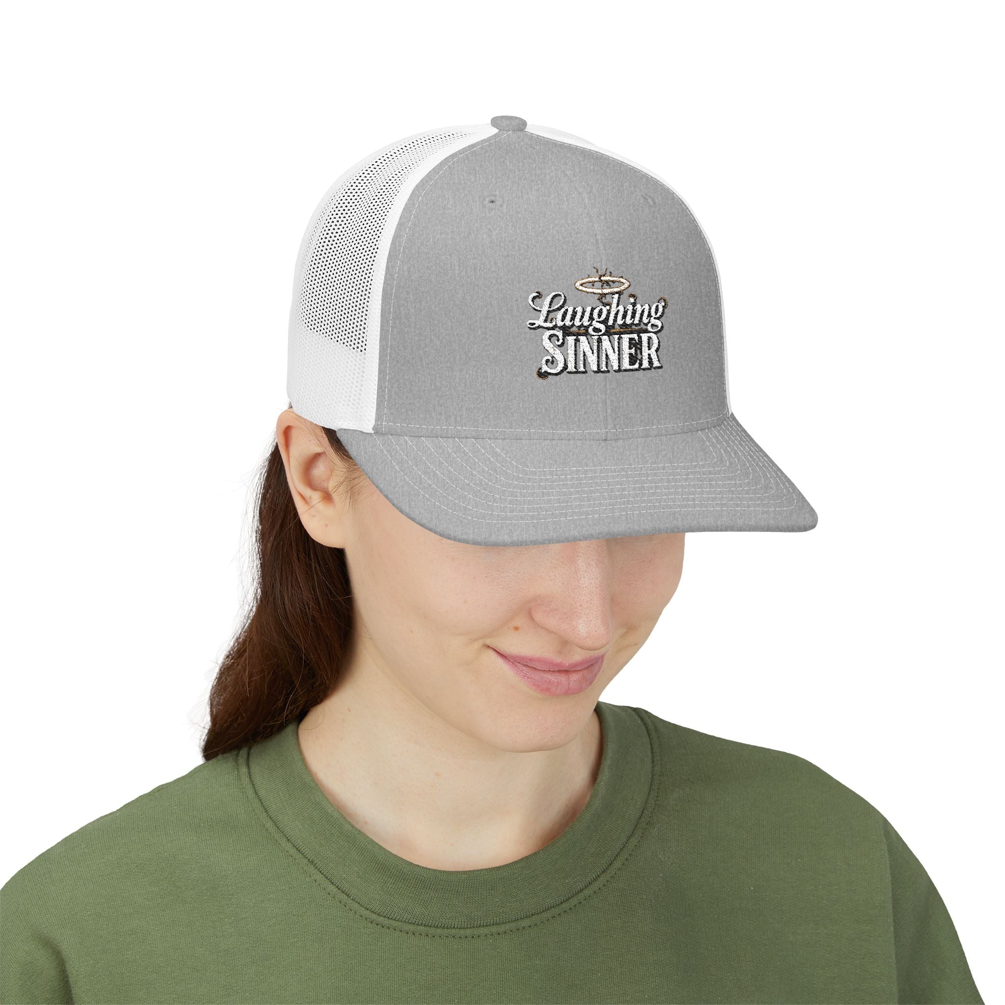 Laughing Sinner Embroidered Trucker Hat — Retro Halo Snapback Cap