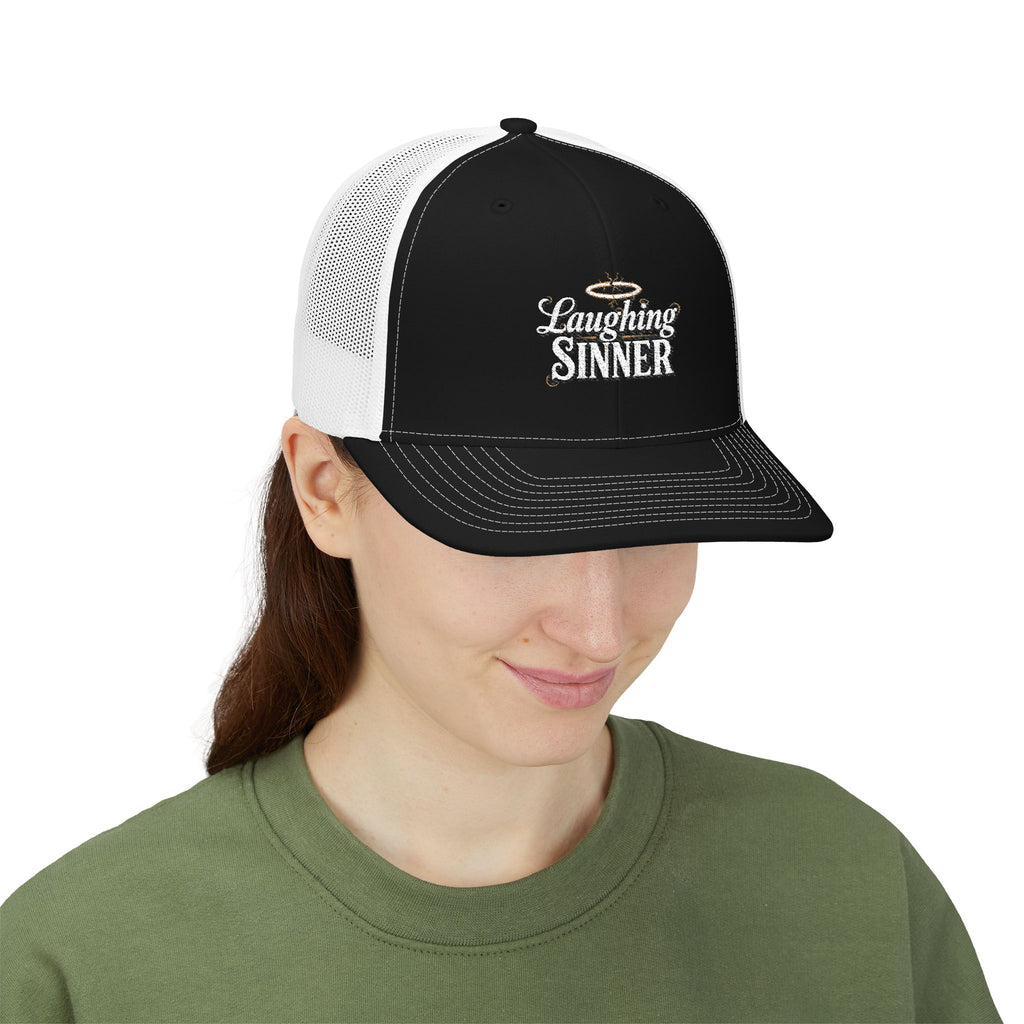 Laughing Sinner Embroidered Trucker Hat — Retro Halo Snapback Cap