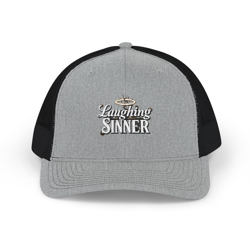 Laughing Sinner Embroidered Trucker Hat — Retro Halo Snapback Cap