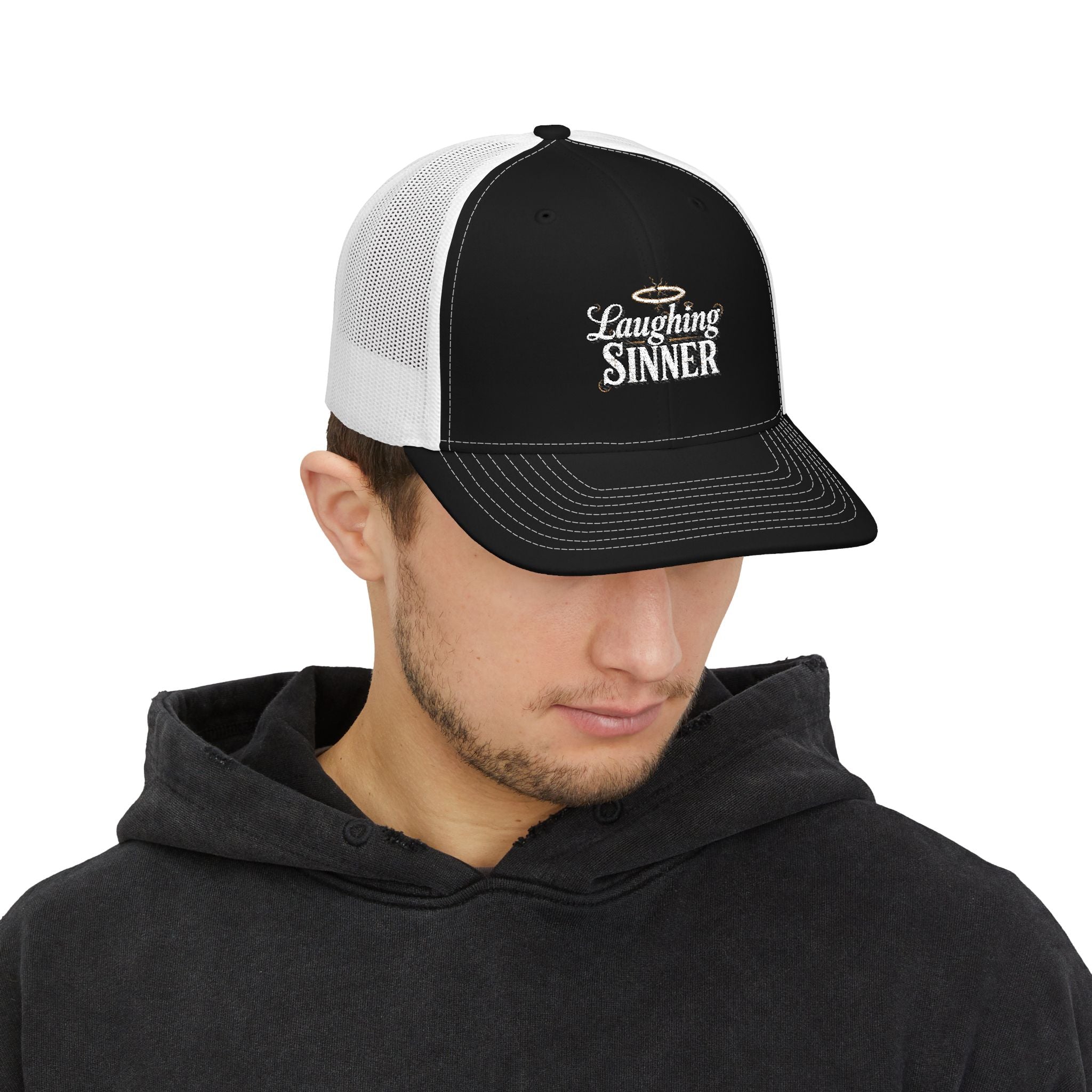 Laughing Sinner Embroidered Trucker Hat — Retro Halo Snapback Cap